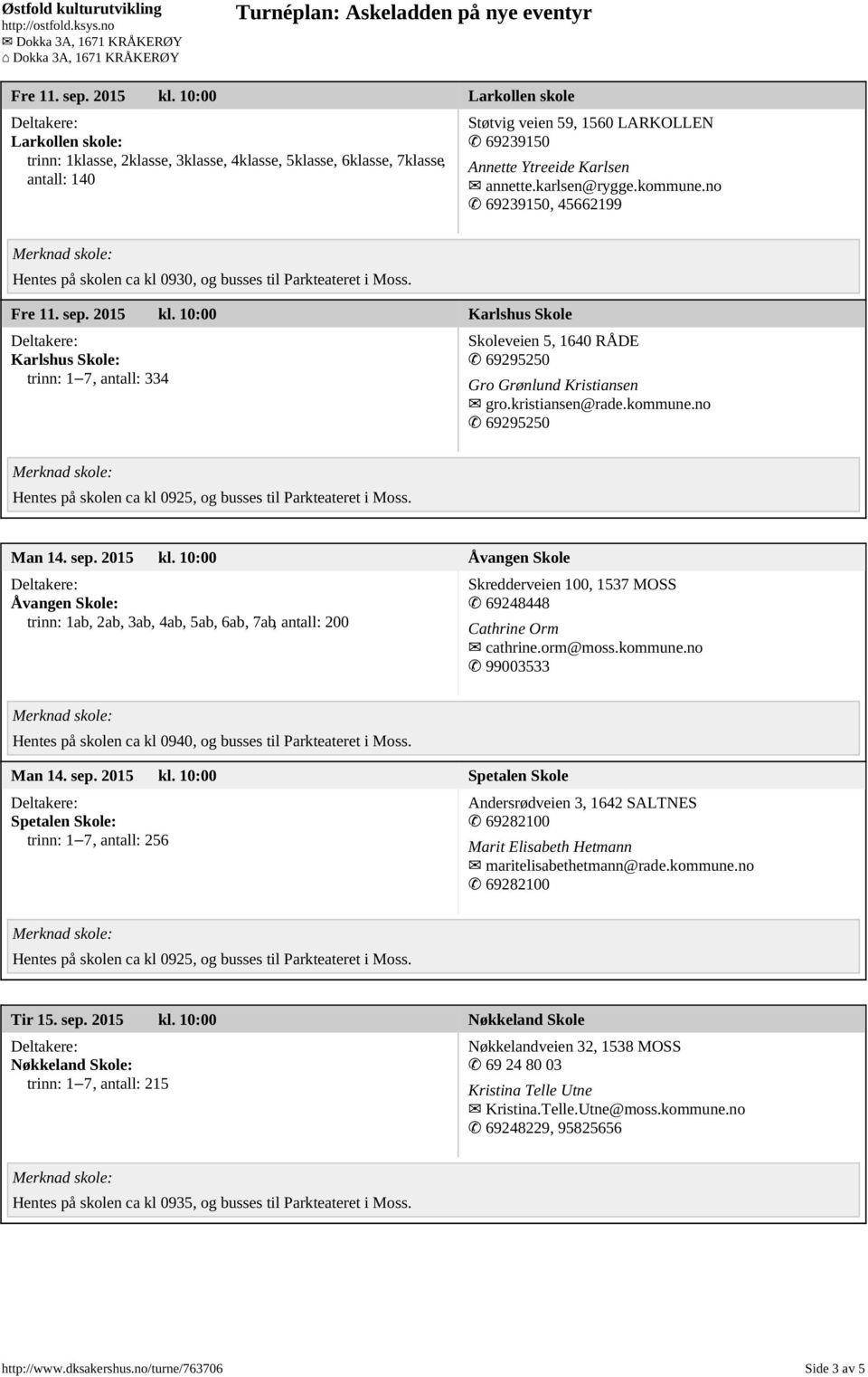 karlsen@rygge.kommune.no 69239150, 45662199 Hentes på skolen ca kl 0930, og busses til Parkteateret i Moss.