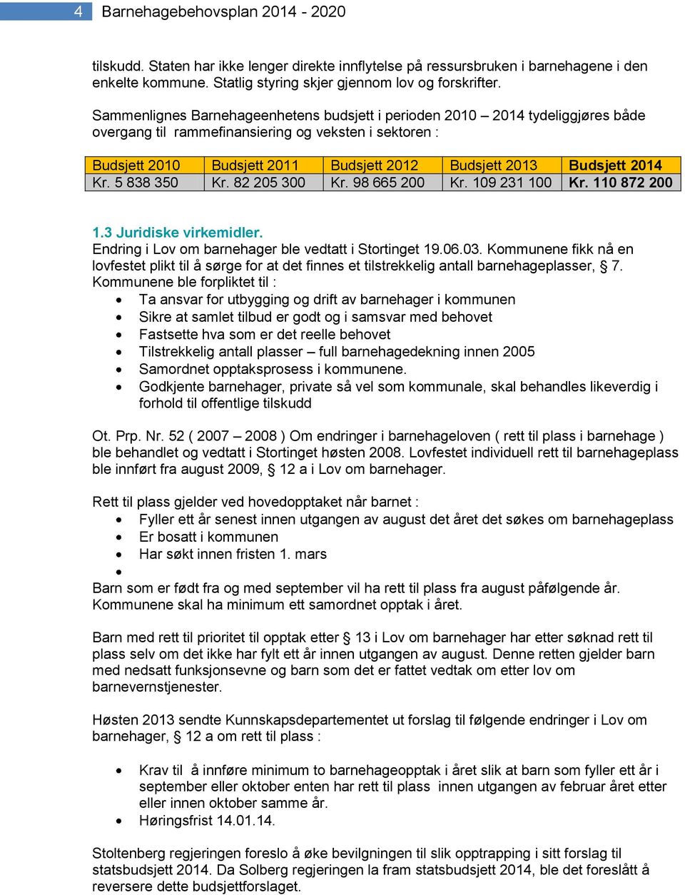 2014 Kr. 5 838 350 Kr. 82 205 300 Kr. 98 665 200 Kr. 109 231 100 Kr. 110 872 200 1.3 Juridiske virkemidler. Endring i Lov om barnehager ble vedtatt i Stortinget 19.06.03.