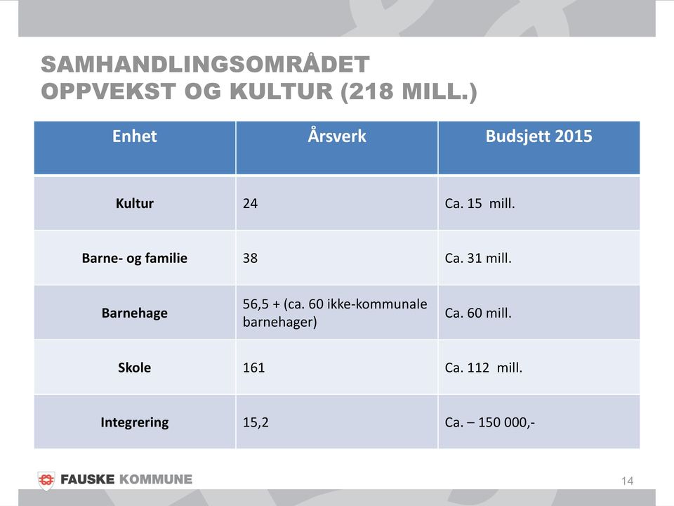 Barne- og familie 38 Ca. 31 mill. Barnehage 56,5 + (ca.