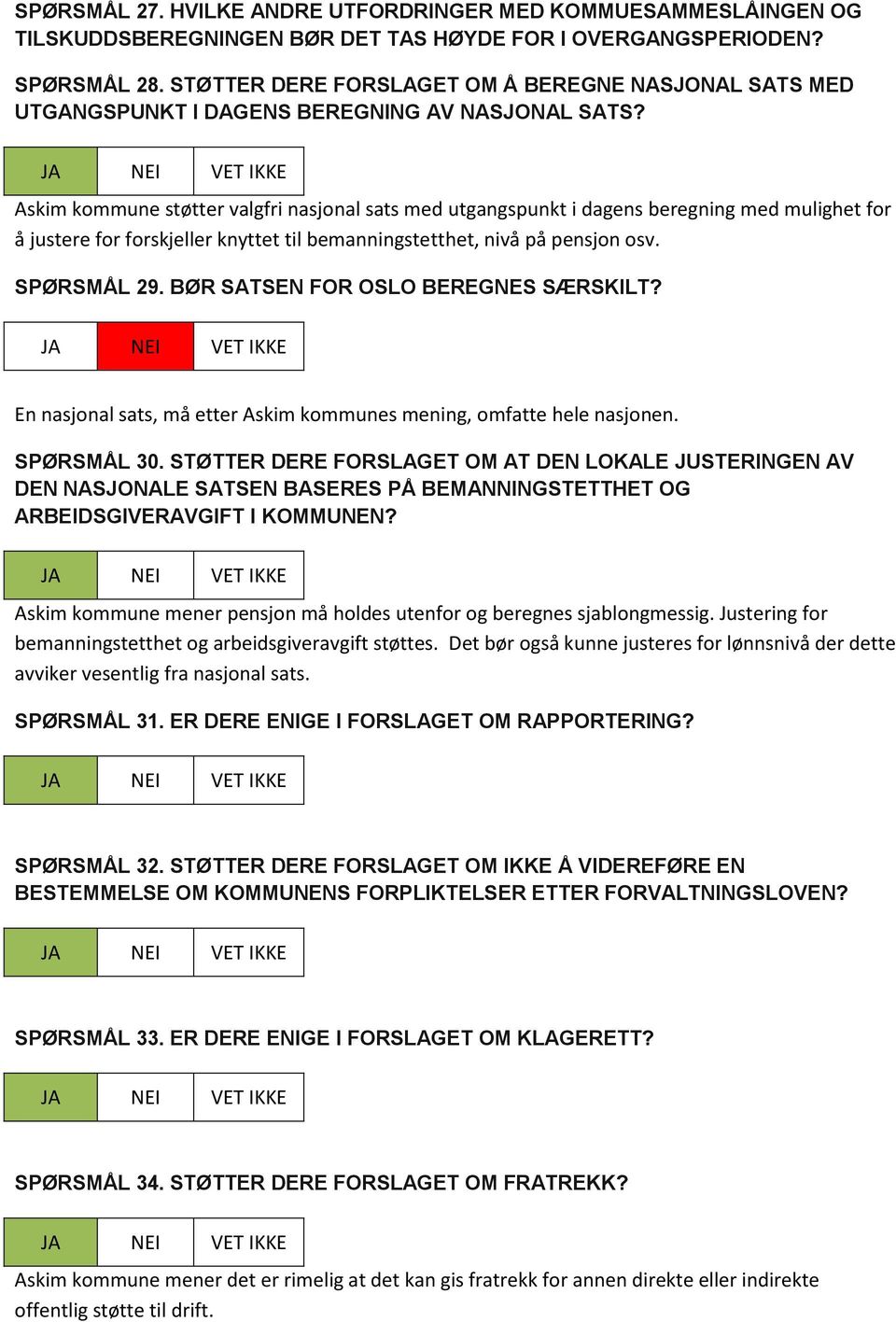 Askim kommune støtter valgfri nasjonal sats med utgangspunkt i dagens beregning med mulighet for å justere for forskjeller knyttet til bemanningstetthet, nivå på pensjon osv. SPØRSMÅL 29.