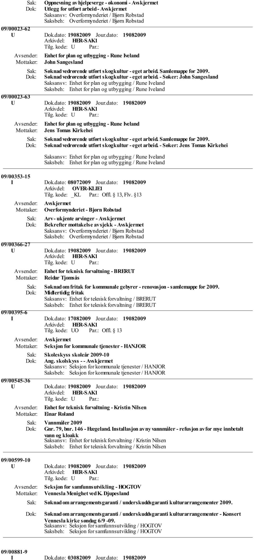 dato: Jour.dato: Enhet for plan og utbygging - Rune Iveland Jens Tomas Kirkehei Søknad vedrørende utført skogkultur - eget arbeid. Samlemappe for 2009.