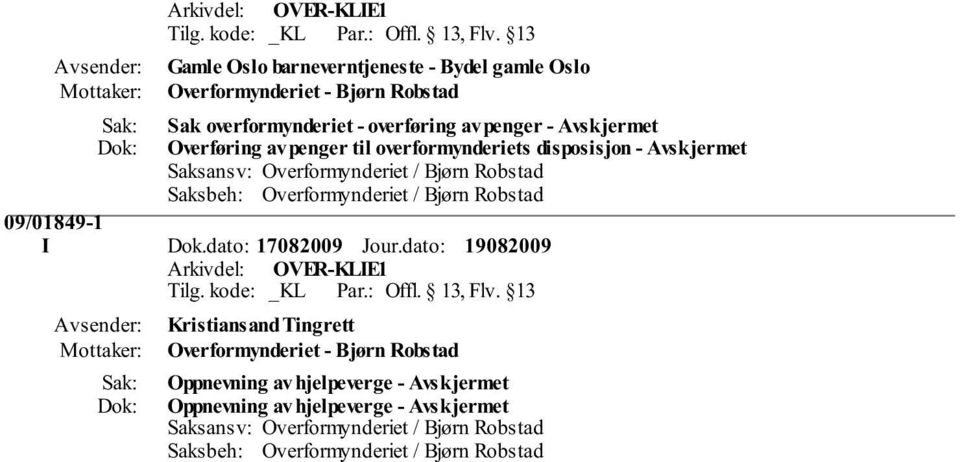 disposisjon - Avskjermet 09/01849-1 I Dok.dato: 17082009 Jour.