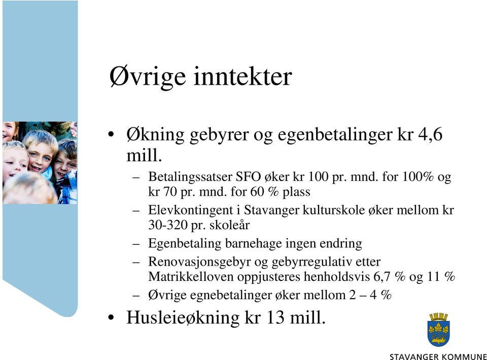 for 60 % plass Elevkontingent i Stavanger kulturskole øker mellom kr 30-320 pr.