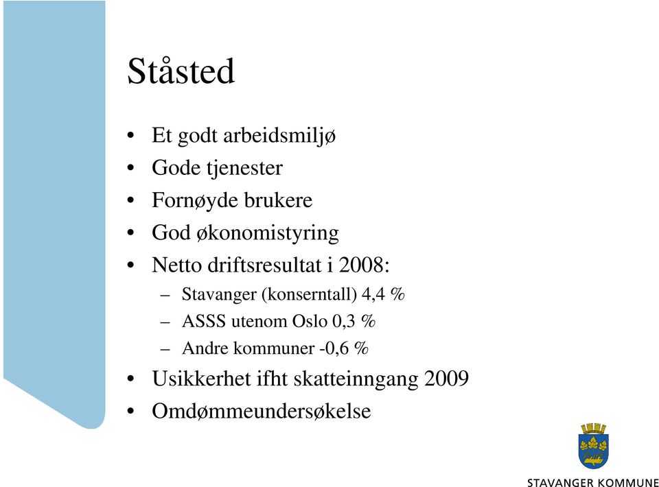 Stavanger (konserntall) 4,4 % ASSS utenom Oslo 0,3 % Andre