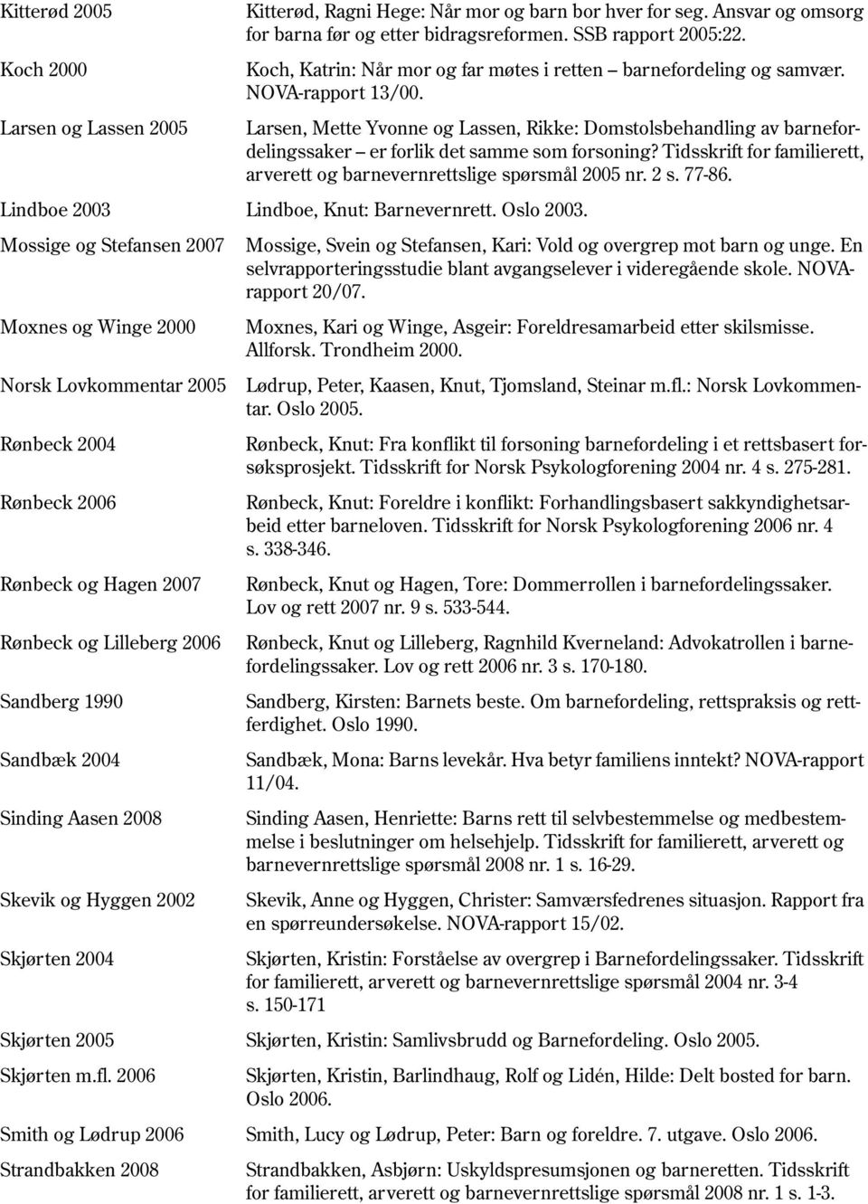 2006 Smith og Lødrup 2006 Strandbakken 2008 Kitterød, Ragni Hege: Når mor og barn bor hver for seg. Ansvar og omsorg for barna før og etter bidragsreformen. SSB rapport 2005:22.