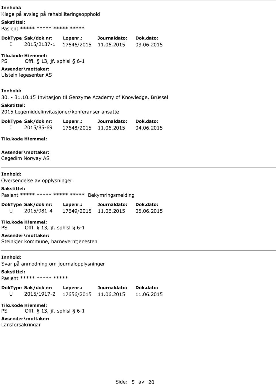 2015 Cegedim Norway AS Oversendelse av opplysninger Pasient ***** ***** ***** ***** Bekymringsmelding 2015/981-4 17649/2015 05.06.