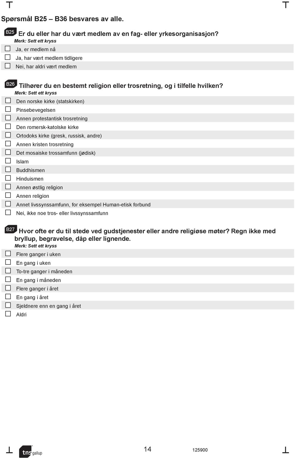 Den norske kirke (statskirken) Pinsebevegelsen Annen protestantisk trosretning Den romersk-katolske kirke Ortodoks kirke (gresk, russisk, andre) Annen kristen trosretning Det mosaiske trossamfunn