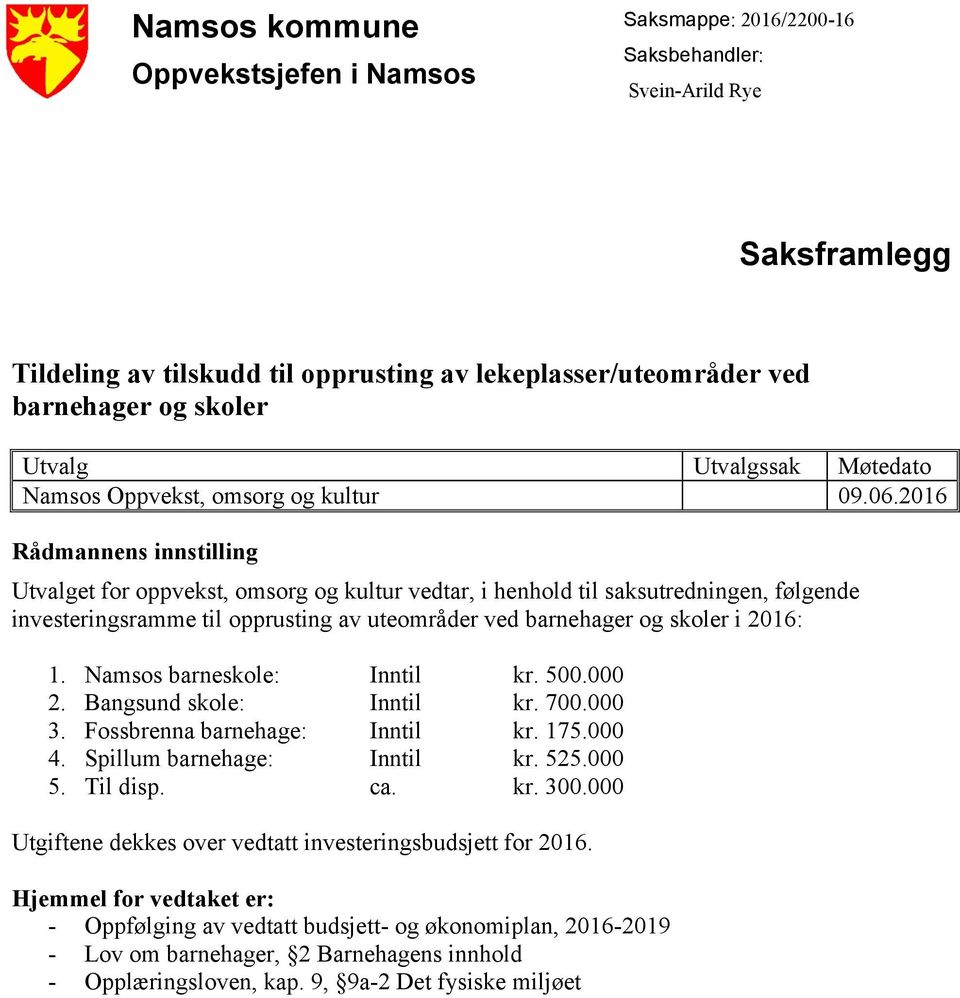 2016 Rådmannens innstilling Utvalget for oppvekst, omsorg og kultur vedtar, i henhold til saksutredningen, følgende investeringsramme til opprusting av uteområder ved barnehager og skoler i 2016: 1.