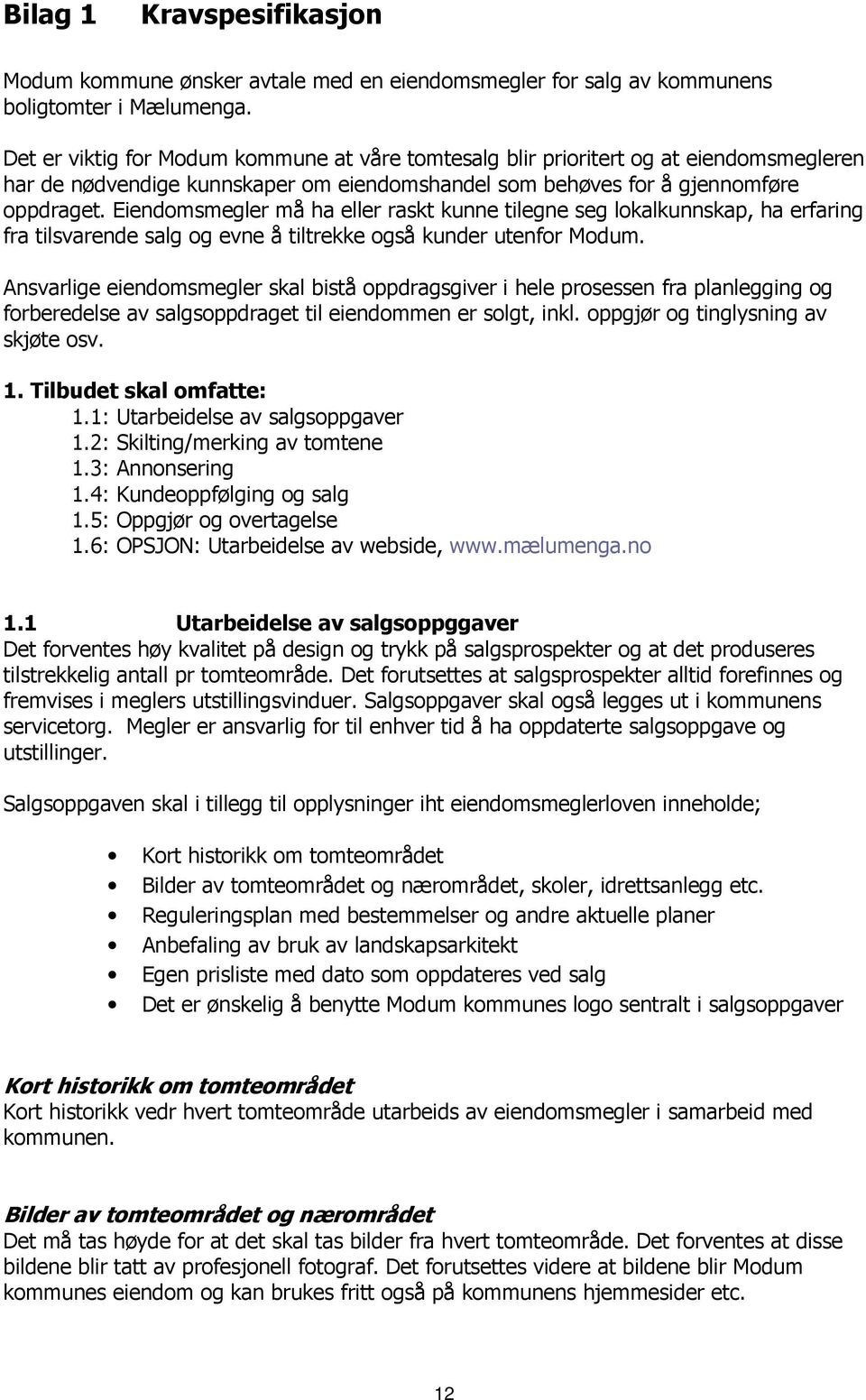 Eiendomsmegler må ha eller raskt kunne tilegne seg lokalkunnskap, ha erfaring fra tilsvarende salg og evne å tiltrekke også kunder utenfor Modum.