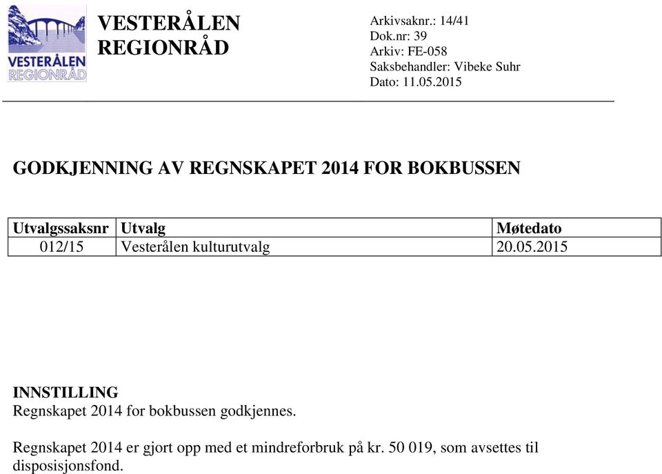 Saksbehandler: Vibeke Suhr Dato: 11.05.