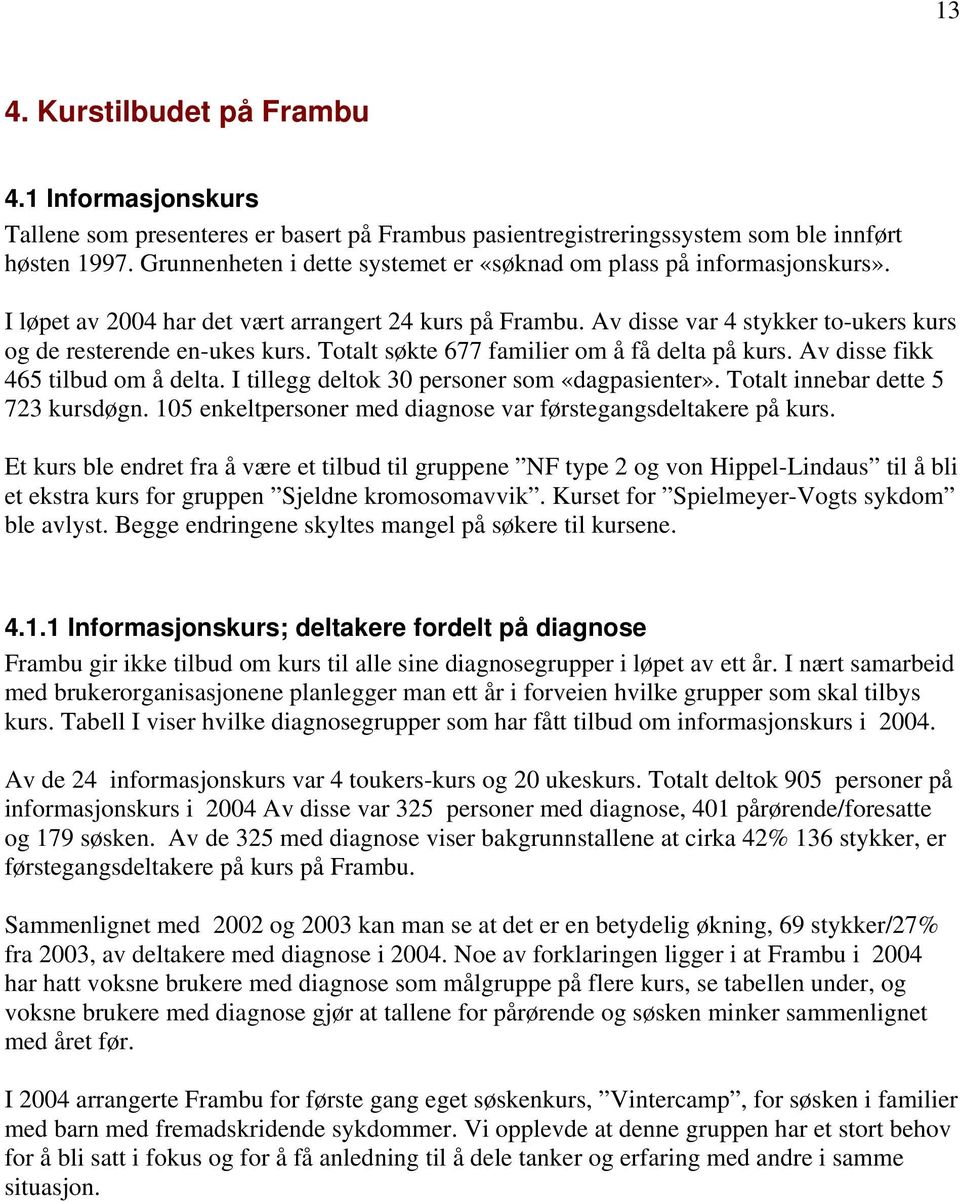 Totalt søkte 677 familier om å få delta på kurs. Av disse fikk 465 tilbud om å delta. I tillegg deltok 30 personer som «dagpasienter». Totalt innebar dette 5 723 kursdøgn.