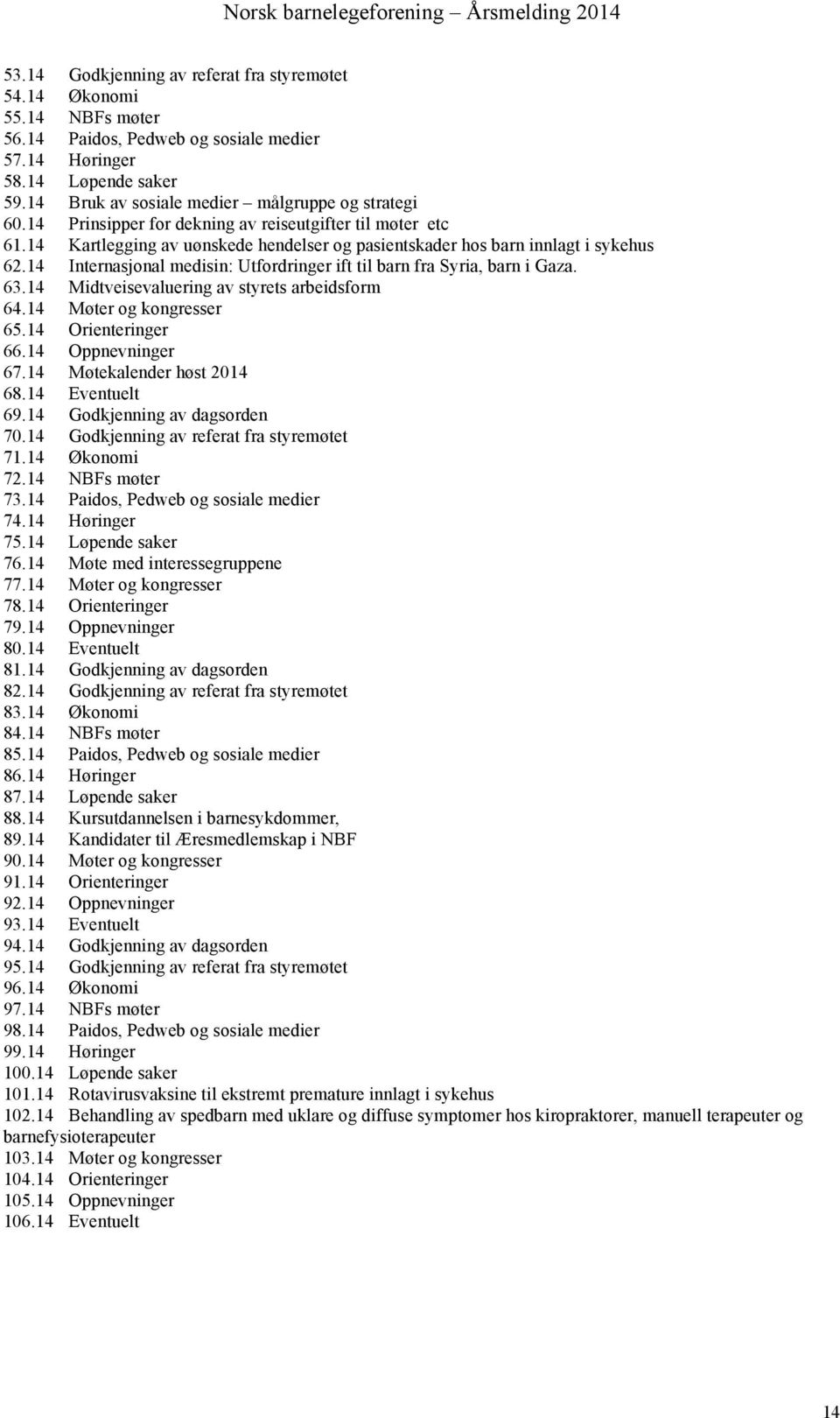 14 Internasjonal medisin: Utfordringer ift til barn fra Syria, barn i Gaza. 63.14 Midtveisevaluering av styrets arbeidsform 64.14 Møter og kongresser 65.14 Orienteringer 66.14 Oppnevninger 67.