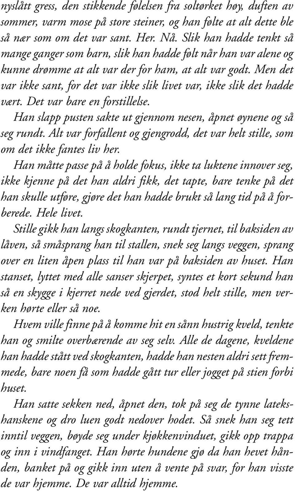 Men det var ikke sant, for det var ikke slik livet var, ikke slik det hadde vært. Det var bare en forstillelse. Han slapp pusten sakte ut gjennom nesen, åpnet øynene og så seg rundt.