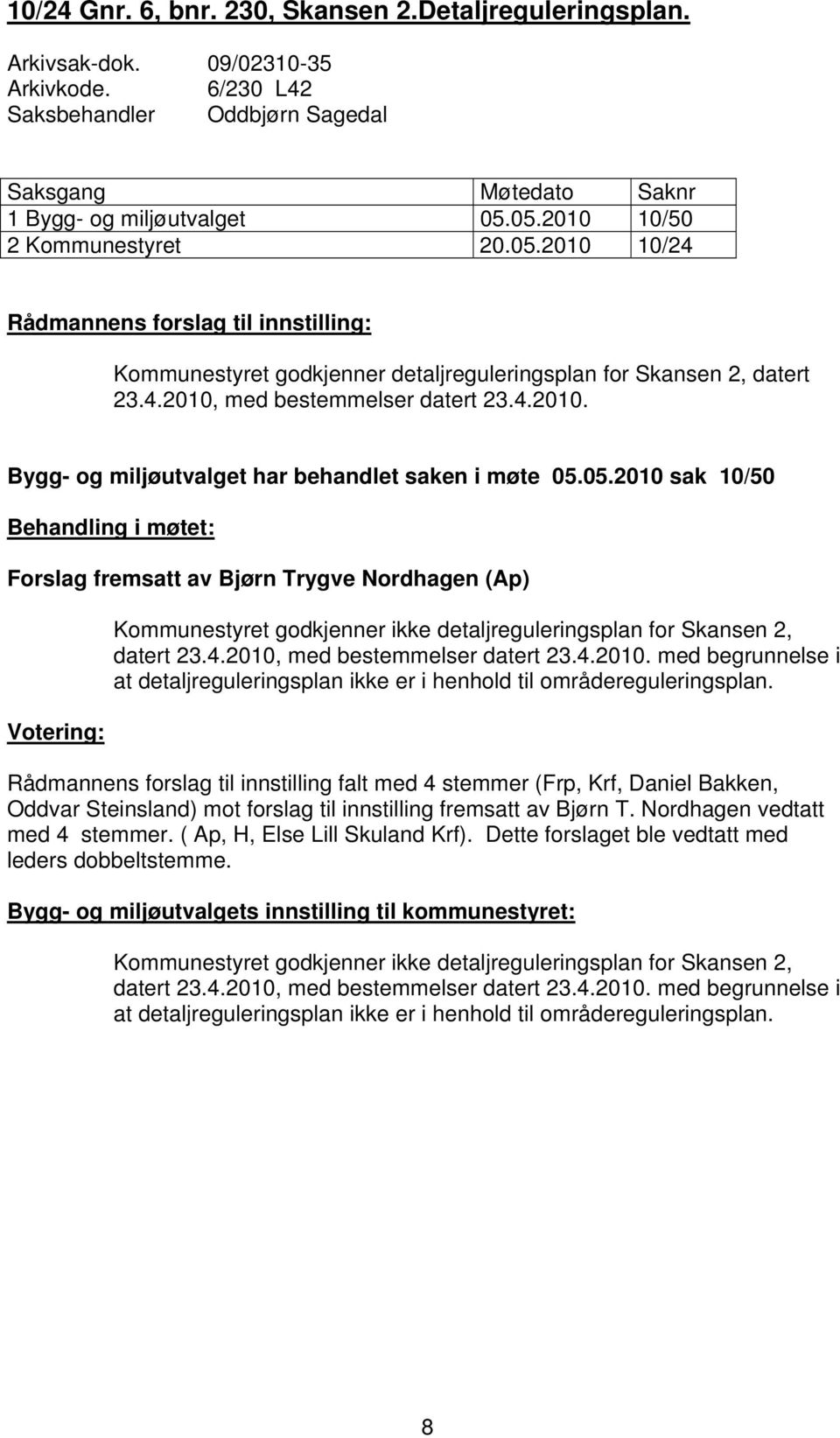 05.2010 sak 10/50 Behandling i møtet: Forslag fremsatt av Bjørn Trygve Nordhagen (Ap) Kommunestyret godkjenner ikke detaljreguleringsplan for Skansen 2, datert 23.4.2010, med bestemmelser datert 23.4.2010. med begrunnelse i at detaljreguleringsplan ikke er i henhold til områdereguleringsplan.