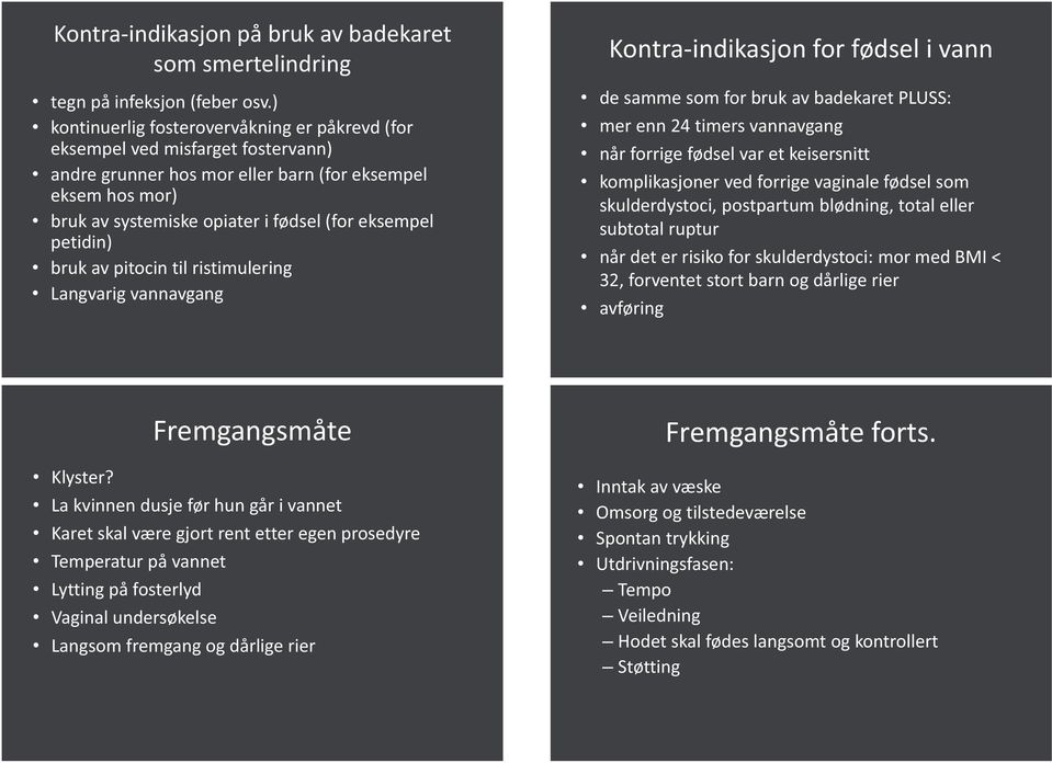 petidin) bruk av pitocin til ristimulering Langvarig avgang Kontra-indikasjon for fødsel i de samme som for bruk av badekaret PLUSS: mer enn 24 timers avgang når forrige fødsel var et keisersnitt