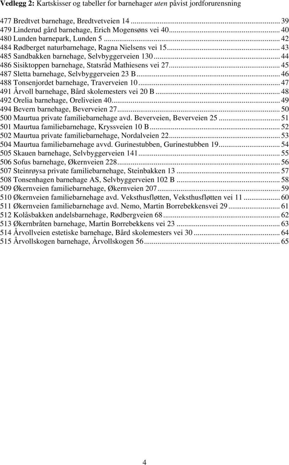 .. 44 486 Sisiktoppen barnehage, Statsråd Mathiesens vei 27... 45 487 Sletta barnehage, Selvbyggerveien 23 B... 46 488 Tonsenjordet barnehage, Traverveien 10.