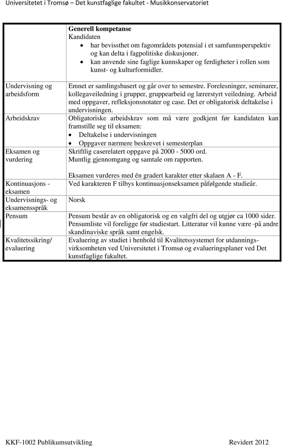 Undervisning og arbeidsform Arbeidskrav Eksamen og vurdering Kontinuasjons - eksamen Undervisnings- og eksamensspråk Pensum Kvalitetssikring/ evaluering Emnet er samlingsbasert og går over to