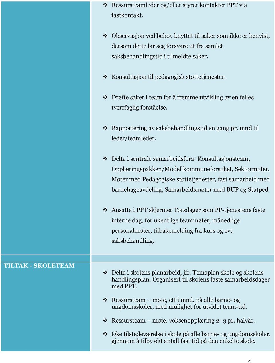 Drøfte saker i team for å fremme utvikling av en felles tverrfaglig forståelse. Rapportering av saksbehandlingstid en gang pr. mnd til leder/teamleder.