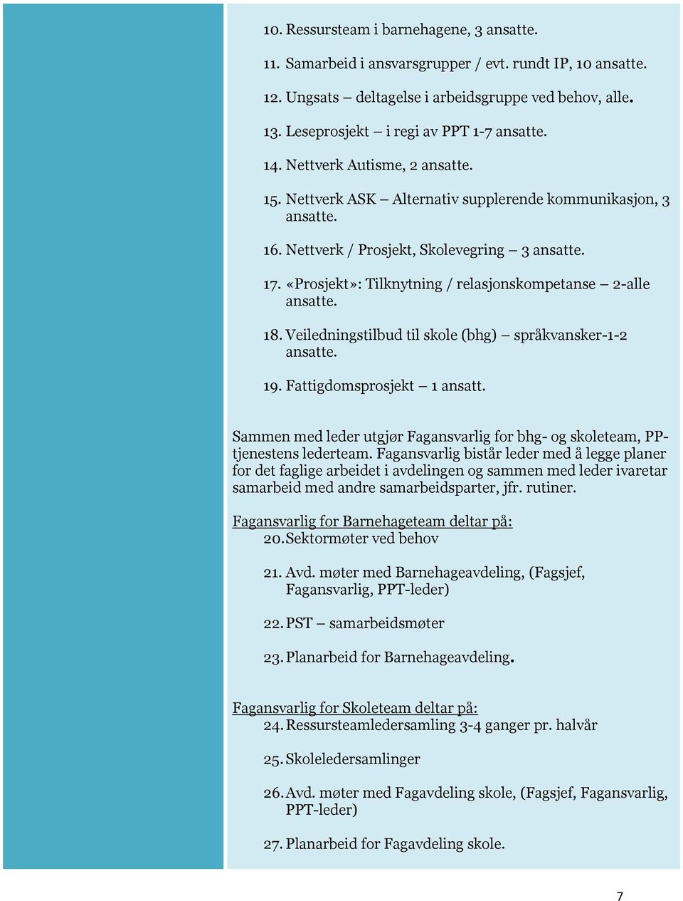 «Prosjekt»: Tilknytning / relasjonskompetanse 2-alle ansatte. 18. Veiledningstilbud til skole (bhg) språkvansker-1-2 ansatte. 19. Fattigdomsprosjekt 1 ansatt.