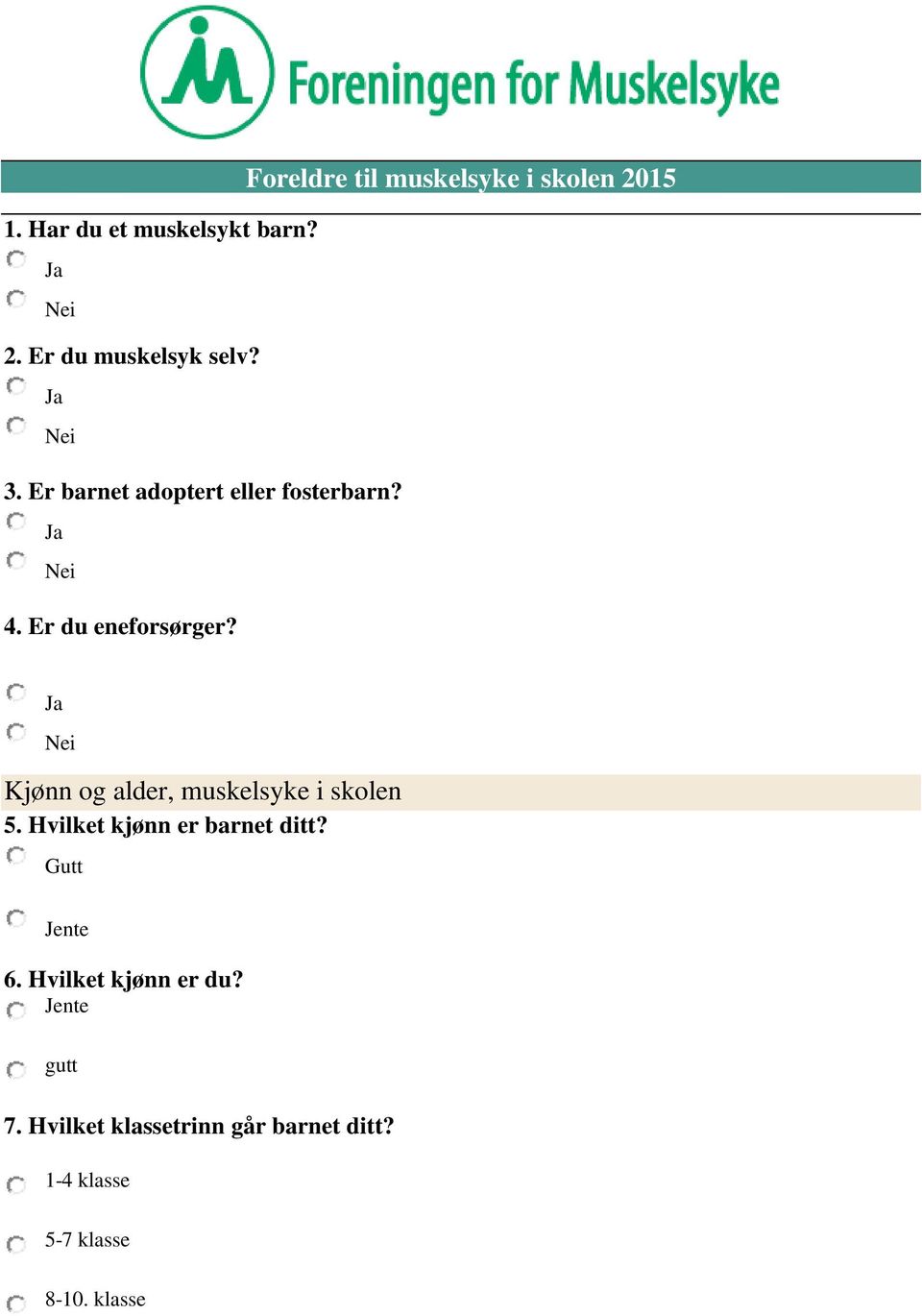 Kjønn og alder, muskelsyke i skolen 5. Hvilket kjønn er barnet ditt? Gutt Jente 6.