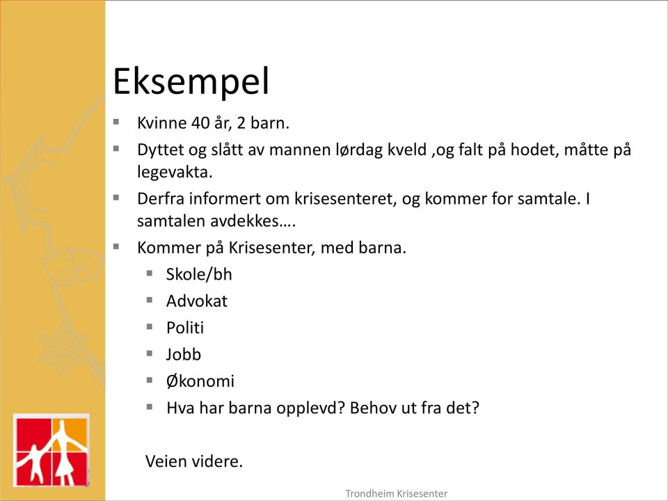 Derfra informert om krisesenteret, og kommer for samtale. I samtalen avdekkes.