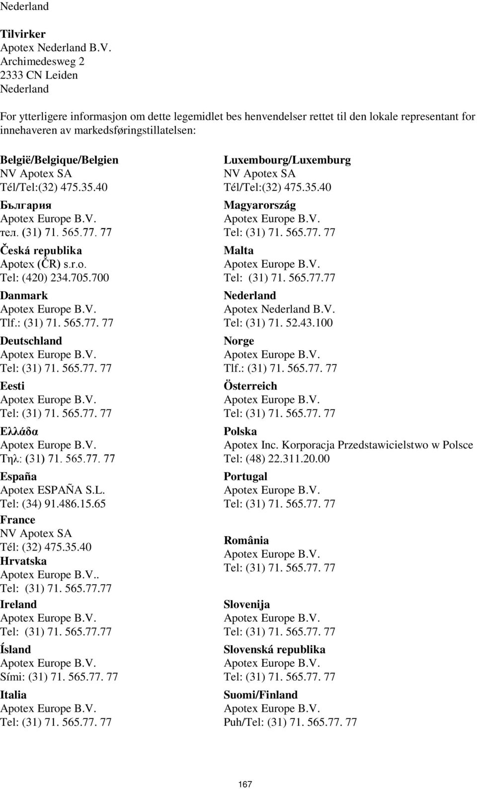 België/Belgique/Belgien NV Apotex SA Tél/Tel:(32) 475.35.40 България тел. (31) 71. 565.77. 77 Česká republika Apotex (ČR) s.r.o. Tel: (420) 234.705.700 Danmark Tlf.: (31) 71. 565.77. 77 Deutschland Eesti Ελλάδα Τηλ: (31) 71.