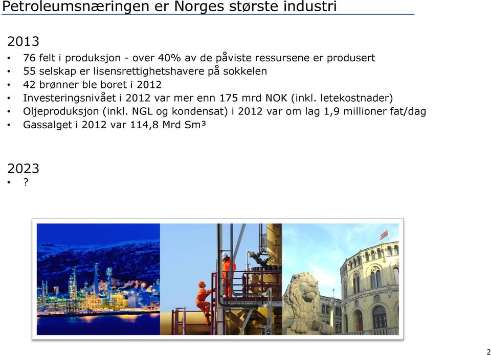 2012 Investeringsnivået i 2012 var mer enn 175 mrd NOK (inkl. letekostnader) Oljeproduksjon (inkl.