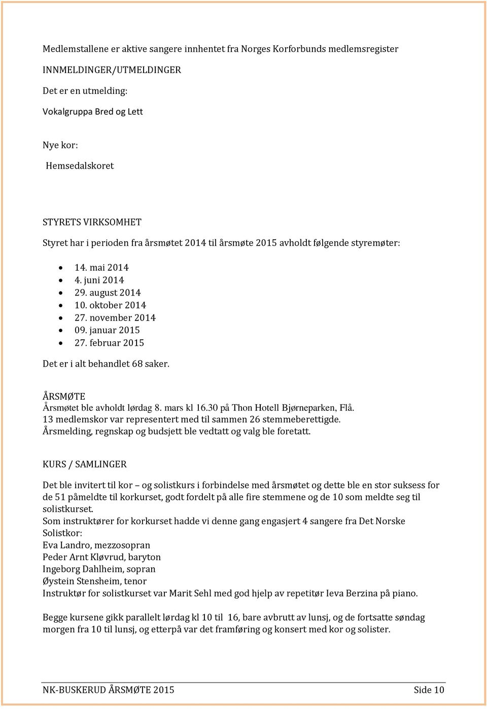 februar 2015 Det er i alt behandlet 68 saker. ÅRSMØTE Årsmøtet ble avholdt lørdag 8. mars kl 16.30 på Thon Hotell Bjørneparken, Flå. 13 medlemskor var representert med til sammen 26 stemmeberettigde.