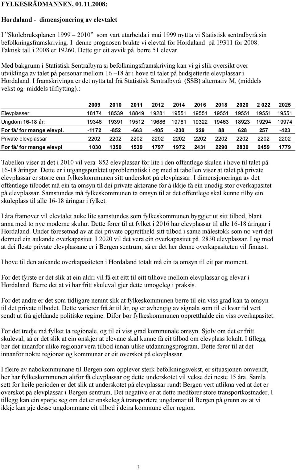 Med bakgrunn i Statistisk Sentralbyrå si befolkningsframskriving kan vi gi slik oversikt over utviklinga av talet på personar mellom 16 18 år i høve til talet på budsjetterte elevplassar i Hordaland.