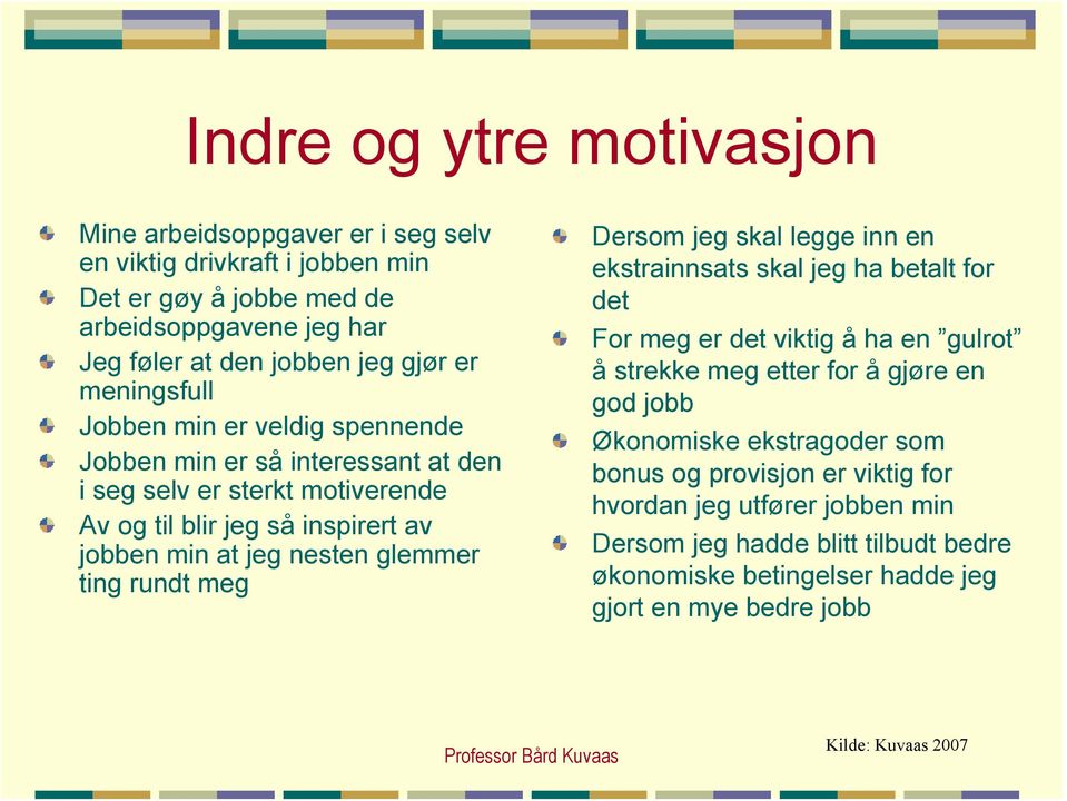 ting rundt meg Dersom jeg skal legge inn en ekstrainnsats skal jeg ha betalt for det For meg er det viktig å ha en gulrot å strekke meg etter for å gjøre en god jobb Økonomiske