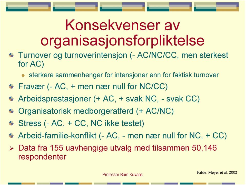 Arbeidsprestasjoner (+ AC, + svak NC, - svak CC) Organisatorisk medborgeratferd (+ AC/NC) Stress (- AC, + CC, NC ikke