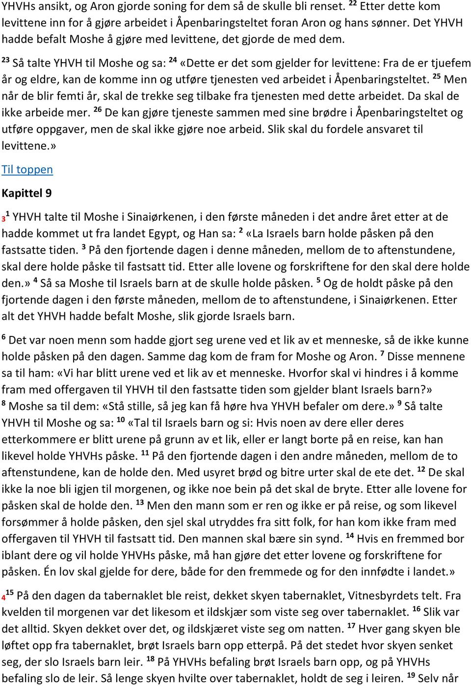 23 Så talte YHVH til Moshe og sa: 24 «Dette er det som gjelder for levittene: Fra de er tjuefem år og eldre, kan de komme inn og utføre tjenesten ved arbeidet i Åpenbaringsteltet.