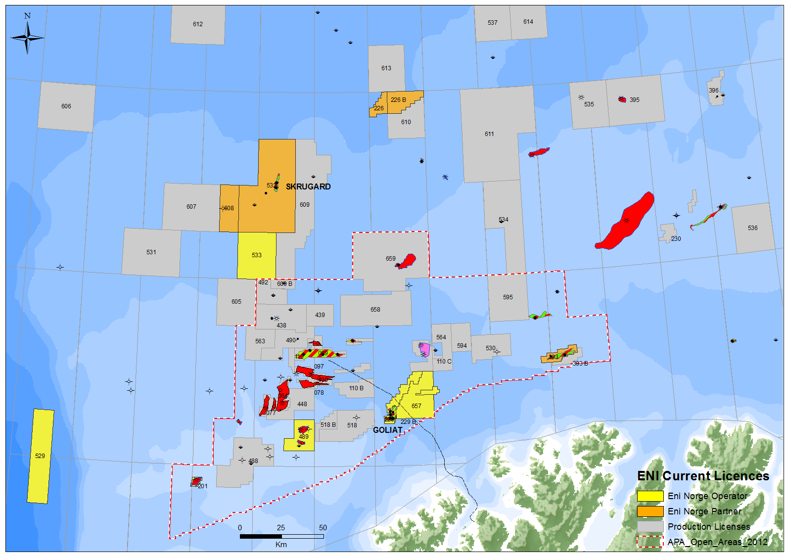 Eni s 12 lisenser i Barentshavet : 7 operatørskap, 5 partnerskap Skugard, Havis PL532 PL608