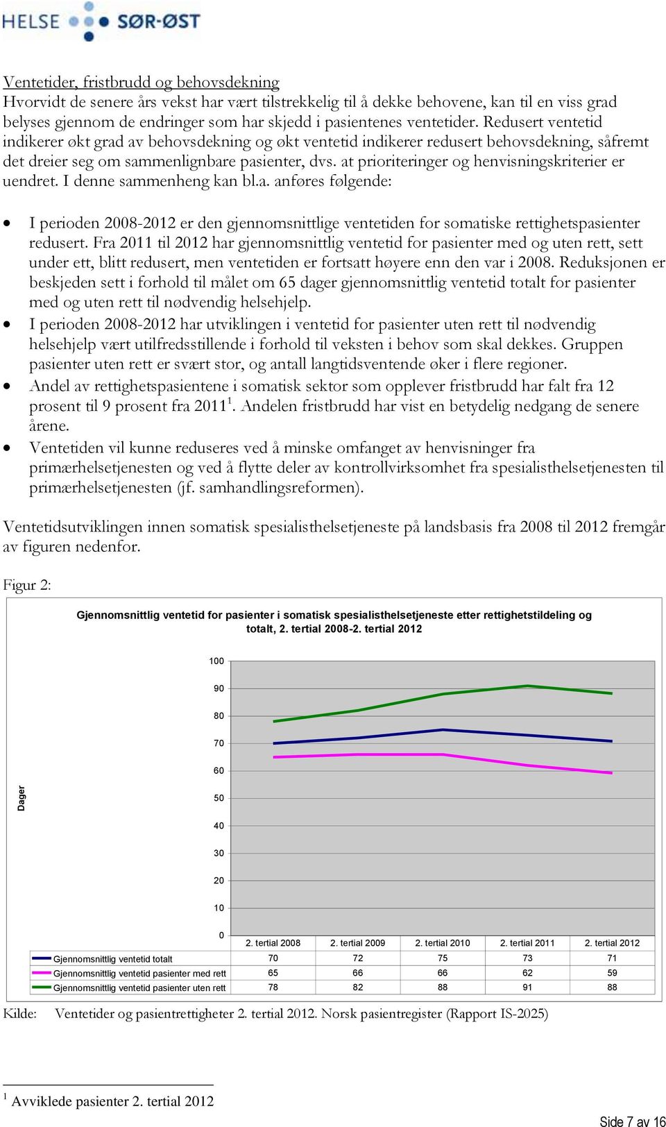 at prioriteringer og henvisningskriterier er uendret. I denne sammenheng kan bl.a. anføres følgende: I perioden 2008-2012 er den gjennomsnittlige ventetiden for somatiske rettighetspasienter redusert.