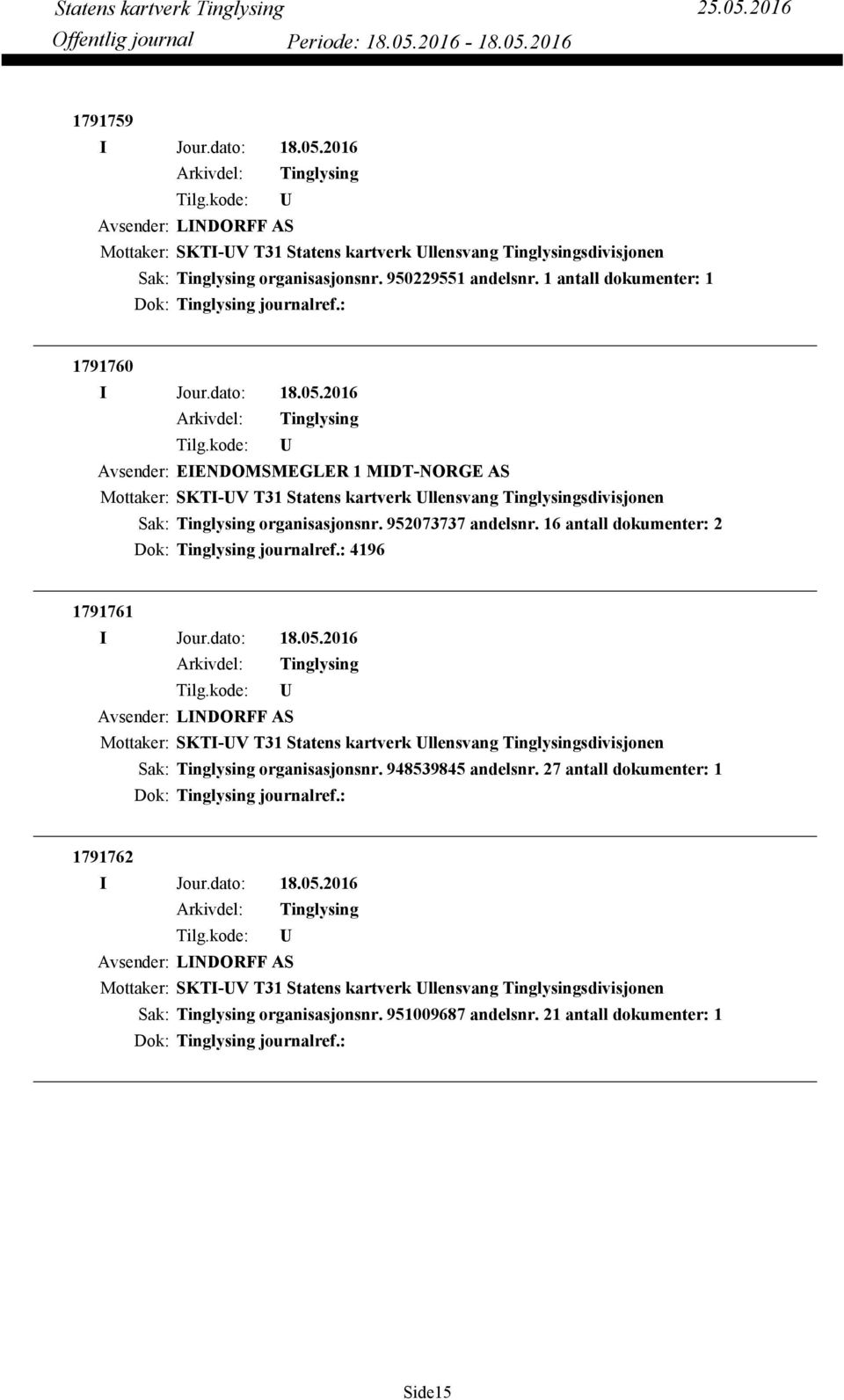 952073737 andelsnr. 16 antall dokumenter: 2 Dok: journalref.: 4196 1791761 Avsender: LINDORFF AS Mottaker: SKTI-V T31 Statens kartverk llensvang sdivisjonen Sak: organisasjonsnr.