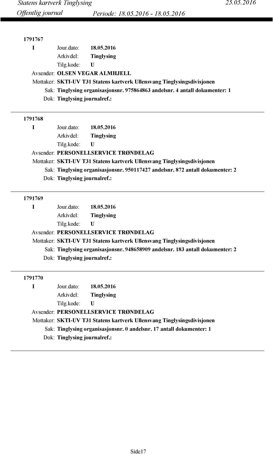 872 antall dokumenter: 2 Dok: journalref.: 1791769 Avsender: PERSONELLSERVICE TRØNDELAG Mottaker: SKTI-V T31 Statens kartverk llensvang sdivisjonen Sak: organisasjonsnr. 948658909 andelsnr.