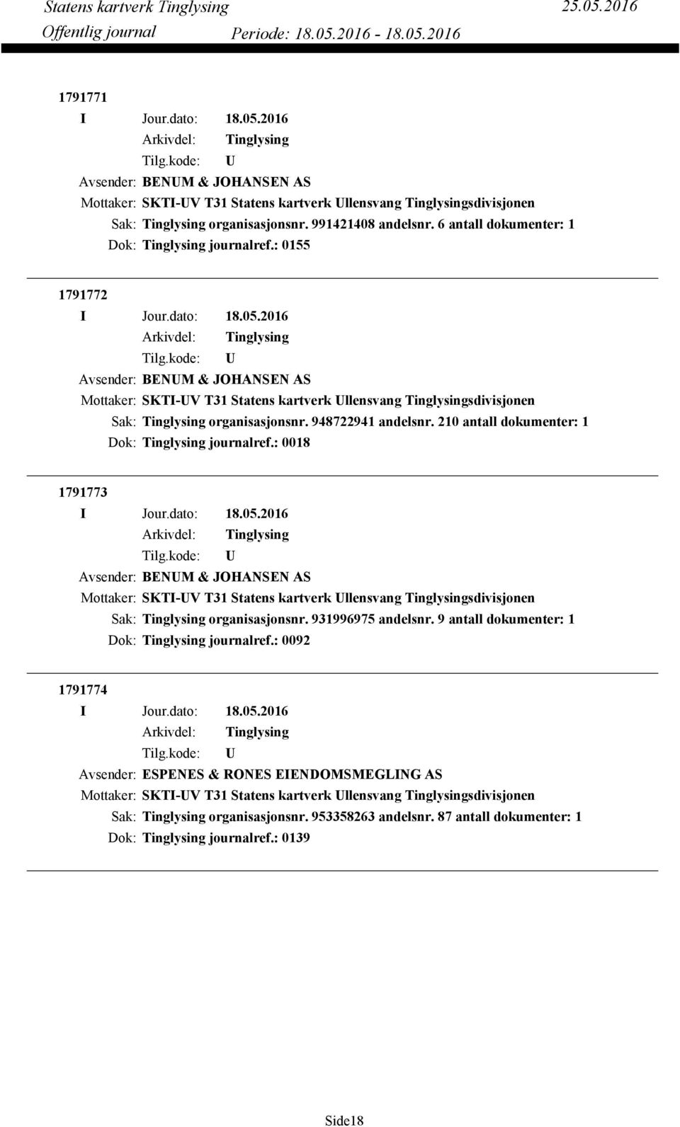 210 antall dokumenter: 1 Dok: journalref.: 0018 1791773 Avsender: BENM & JOHANSEN AS Mottaker: SKTI-V T31 Statens kartverk llensvang sdivisjonen Sak: organisasjonsnr. 931996975 andelsnr.