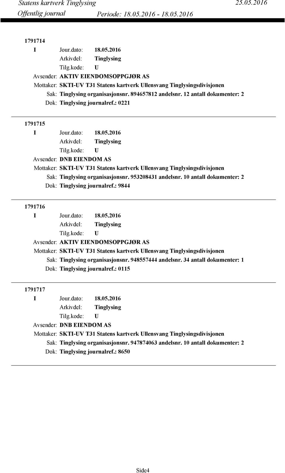 10 antall dokumenter: 2 Dok: journalref.: 9844 1791716 Avsender: AKTIV EIENDOMSOPPGJØR AS Mottaker: SKTI-V T31 Statens kartverk llensvang sdivisjonen Sak: organisasjonsnr. 948557444 andelsnr.