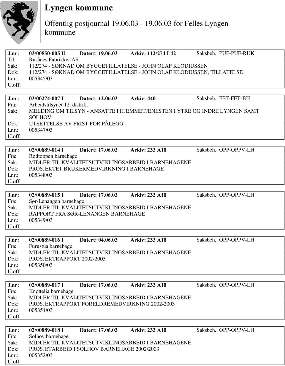 : 005345/03 -QU, 'DWHUW $UNLY Saksbeh.: FET-FET-BH Fra: Arbeidstilsynet 12.