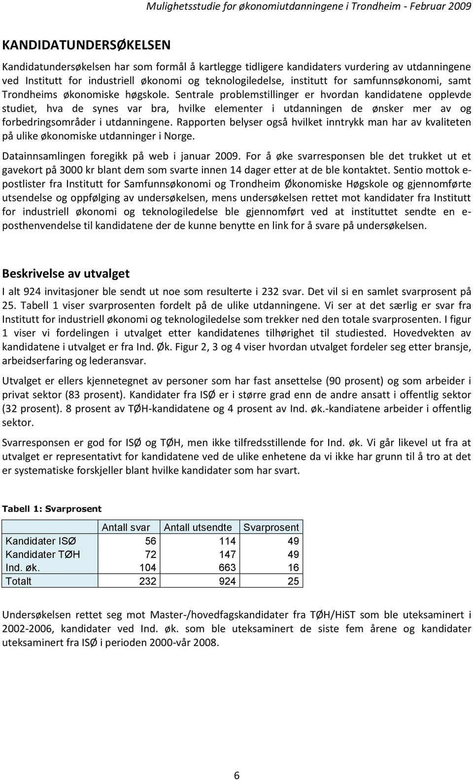 Sentrale problemstillinger er hvordan kandidatene opplevde studiet, hva de synes var bra, hvilke elementer i utdanningen de ønsker mer av og forbedringsområder i utdanningene.