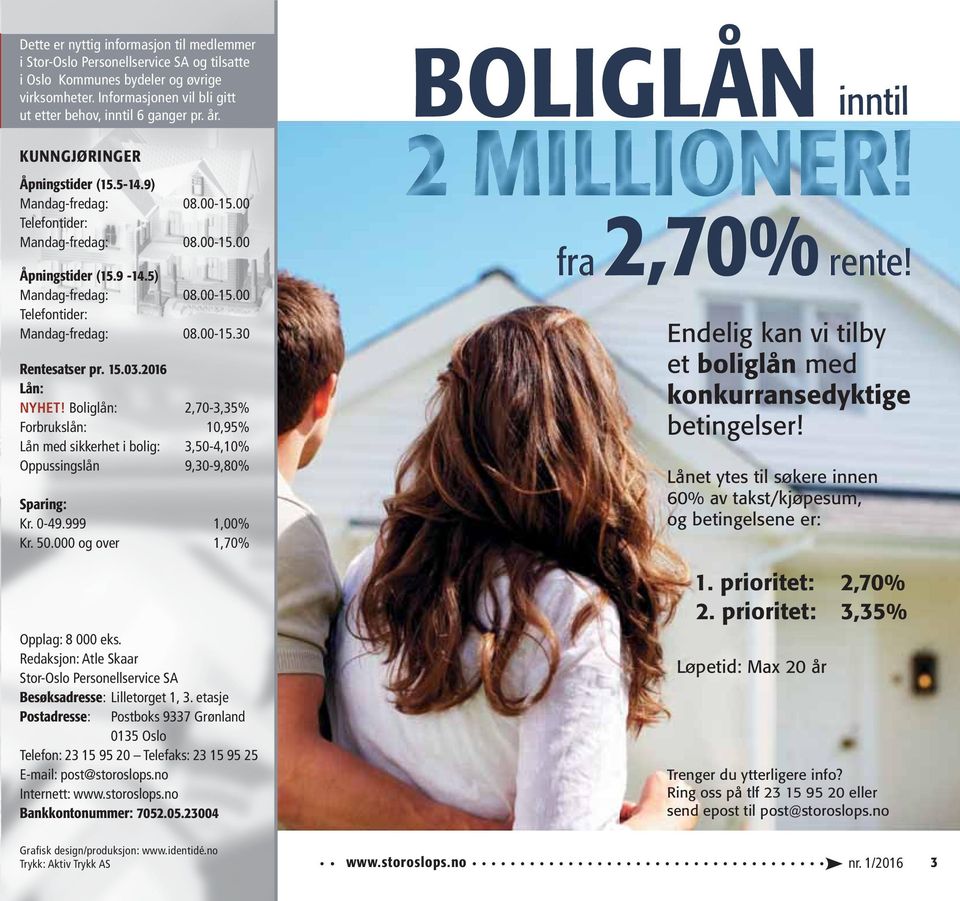 15.03.2016 Lån: NYHET! Boliglån: 2,70-3,35% Forbrukslån: 10,95% Lån med sikkerhet i bolig: 3,50-4,10% Oppussingslån 9,30-9,80% Sparing: Kr. 0-49.999 1,00% Kr. 50.000 og over 1,70% Opplag: 8 000 eks.