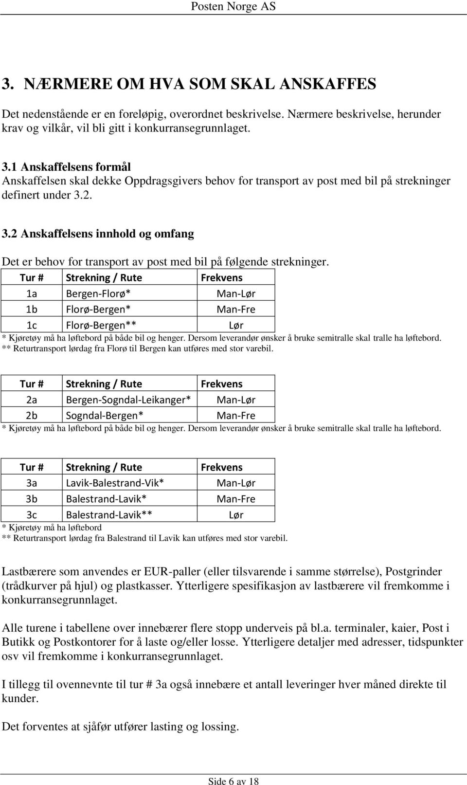 2. 3.2 Anskaffelsens innhold og omfang Det er behov for transport av post med bil på følgende strekninger.