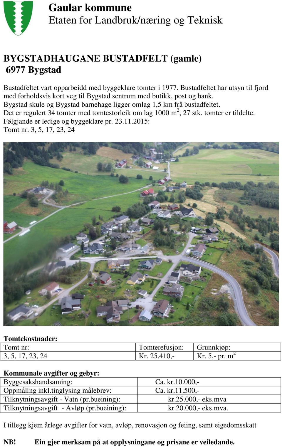 Bygstad skule og Bygstad barnehage ligger omlag 1,5 km frå bustadfeltet. Det er regulert 34 tomter med tomtestorleik om lag 1000 m 2, 27 stk. tomter er tildelte.