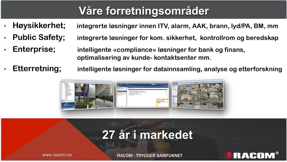 sikkerhet, kontrollrom og beredskap Enterprise; intelligente «compliance» løsninger for