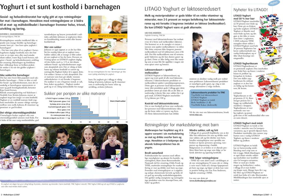 Haavardsholm Ernæringsrådgiver, TINE BA Retningslinjene omtaler imidlertid ikke et punkt som mange foreldre og barnehageansatte lurer på - kan barn spise yoghurt i barnehagen?