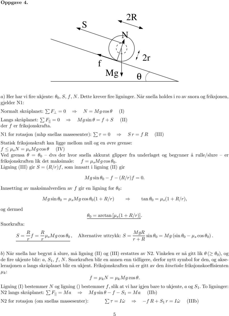 N1 for rotasjon mhp snellas massesenter): τ = 0 Sr = f III) Statisk friksjonskraft kan ligge mellom null og en øvre grense: f µ s N = µ s Mgcosθ IV) Ved grensa θ = θ 0 dvs der hvor snella akkurat