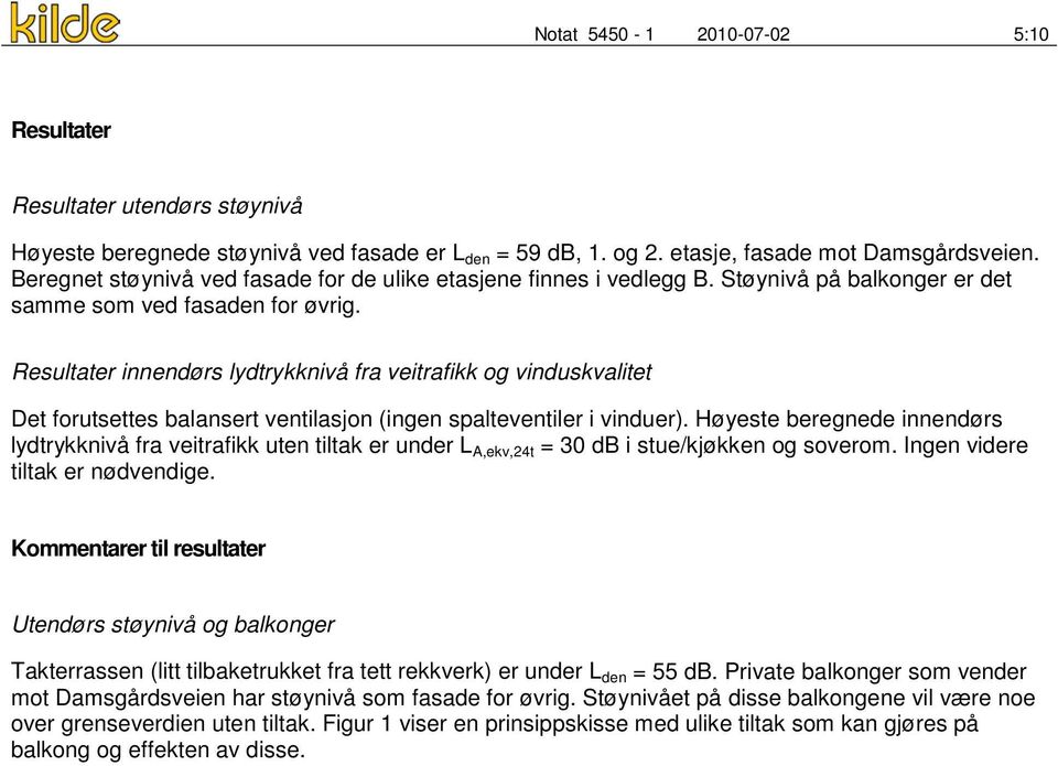 Resultater innendørs lydtrykknivå fra veitrafikk og vinduskvalitet Det forutsettes balansert ventilasjon (ingen spalteventiler i vinduer).