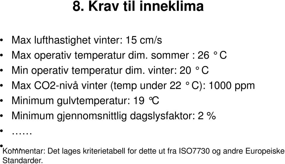 vinter: 20 C Max CO2-nivå vinter (temp under 22 C): 1000 ppm Minimum gulvtemperatur: 19