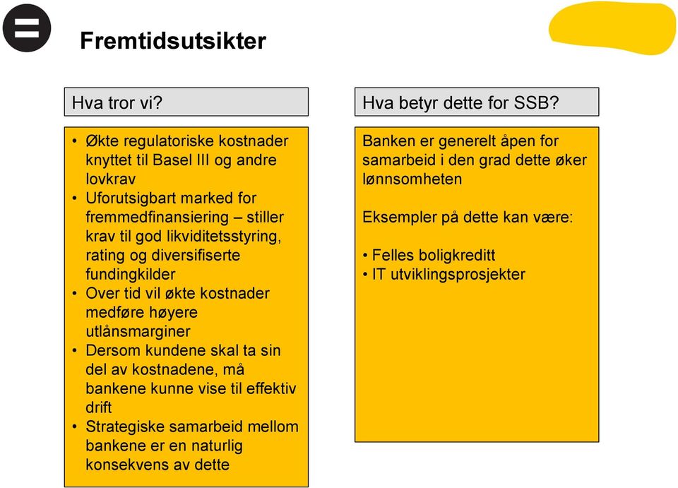 likviditetsstyring, rating og diversifiserte fundingkilder Over tid vil økte kostnader medføre høyere utlånsmarginer Dersom kundene skal ta sin del av