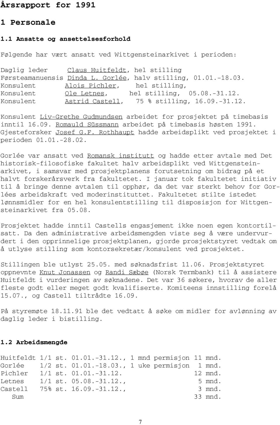 Konsulent Astrid Castell, 75 % stilling, 16.09.-31.12. Konsulent Liv-Grethe Gudmundsen arbeidet for prosjektet på timebasis inntil 16.09. Romauld Süssmann arbeidet på timebasis høsten 1991.